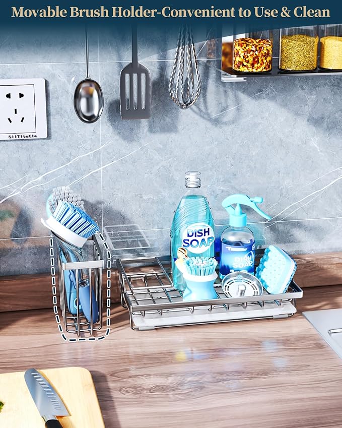 Consumest Sink Caddy, Kitchen Sponge Holder with Dish Brush Holder, Kitchen Sink Organizer with Drip Tray for Countertop Stainless Steel Rustproof, Silver-Large - Image 2