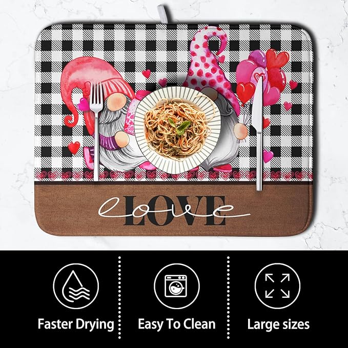 Valentine's Day Dish Drying Mats for Kitchen Counter, Gnome Love Kitchen Drying Mat, Buffalo Plaid Dish Drainer Mat Absorbent Quick Dry Dishes Pad 16 x 18 In - Farmhouse Decor Valentines Gift - Image 4