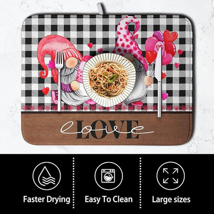 Valentine's Day Dish Drying Mats for Kitchen Counter, Gnome Love Kitchen Drying Mat, Buffalo Plaid Dish Drainer Mat Absorbent Quick Dry Dishes Pad 16 x 18 In - Farmhouse Decor Valentines Gift - Image 4