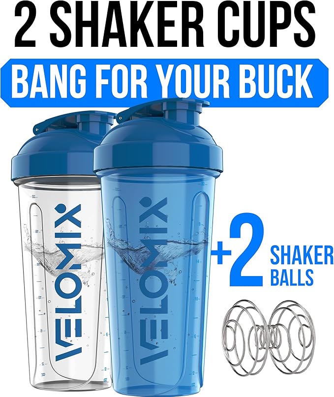 VELOMIX -2 Pack- 28 oz Protein Shaker Bottles for Protein Mixes - 2x Wire Whisk | Leak Proof Shaker Cups for Protein Shakes and Pre Workout | Protein Shaker Bottle Pack (B5) Blue/Transparent