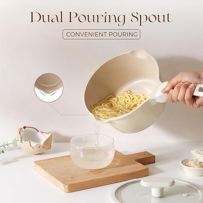 PRICUSIS Ceramic Nonstick Saucepan with Lid, 3 Quart Non Toxic Pot with Pour Spouts, Full Coated, 100% Dishwasher Safe, Induction Compatible & Oven Safe, PTFE PFAS & PFOA Free, Coconut White - Image 5