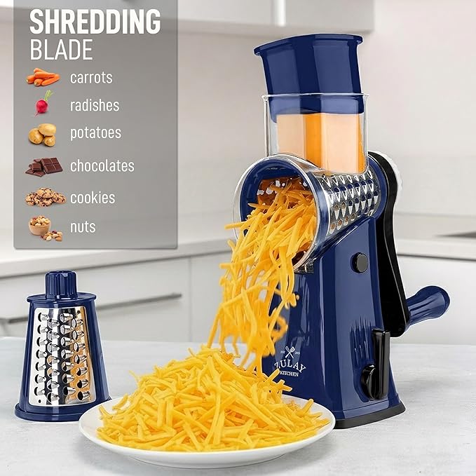 Zulay Kitchen Rotary Cheese Grater 5 Blade Cheese Shredder - Manual Hand Crank Cheese Grater With Reinforced Suction & 5 Interchangeable Drums - Easy to Use, Vegetable Chopper Round Mandoline Slicer - Image 3