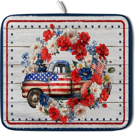 American Flag Dish Drainer Mat Flowers Absorbent Dish Rack Pad for Kitchen Coffee Bar Sinks by Giwawa