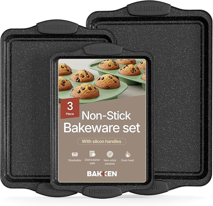 BAKKEN Cookie Sheets for Baking Nonstick Set - 3-Piece Stackable Carbon Steel Baking Sheet Pans Set with Silicone Handles, Non Toxic Cookie Sheets for Baking Bakeware Set - Gray Marble by BAKK%C3%8BNMASTER