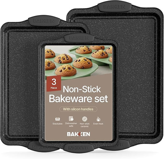BAKKEN Cookie Sheets for Baking Nonstick Set - 3-Piece Stackable Carbon Steel Baking Sheet Pans Set with Silicone Handles, Non Toxic Cookie Sheets for Baking Bakeware Set - Gray Marble by BAKK%C3%8BNMASTER