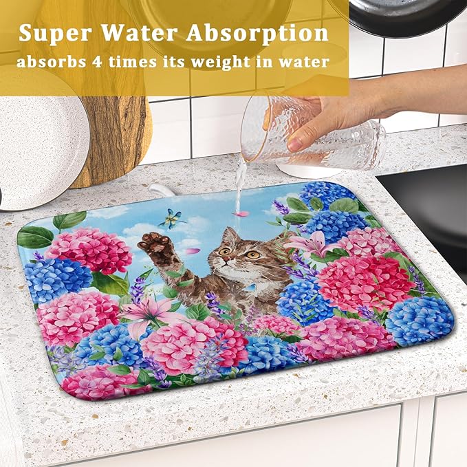 Hydrangea Floral Dish Drying Mat Cute Cat Microfiber Absorbent Dish Drying Pad for Kitchen Counter 16 X 18 - Image 7