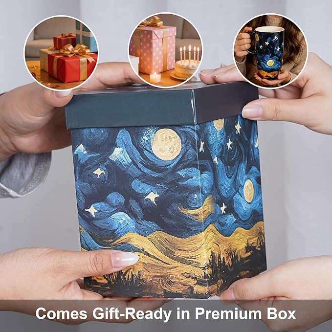 Topadorn Ceramic Coffee Travel Mug with Lid and Handle - 17 Oz Large Ceramic Latte Teacup with Color Box, Splash Resistant Lid - To Go Tumbler for Car Cup Holder, Starry Sky