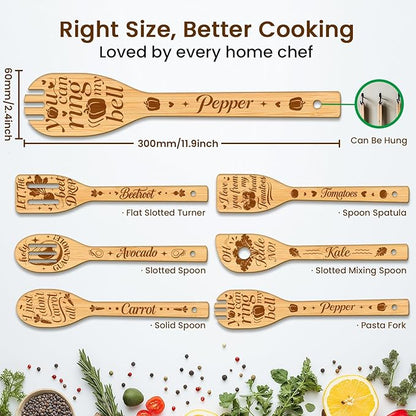 CUTHOLLOW 6PCS Vegetables Wooden Kitchen Cooking Utensil Set, 11.9in Non Toxic Bamboo Wood Spoon Set for Cooking, Best Housewarming Birthday Thanksgiving Christmas Gift for Women Mother