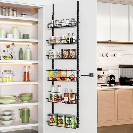 Churboro Over the Door Pantry Organizer Rack with 6 Adjustable Baskets, 6 Tiers Dual-use Spice Rack- Hanging or Wall Mount Spice Rack, Pantry Door Organizer, Black by Churboro