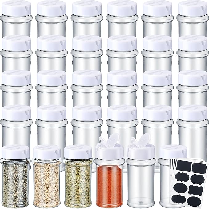 Eccliy 36 Pack 3 oz Clear Plastic Spice Jars with Label and Shaker Lids Empty Spice Bottles Seasoning Containers Seasoning Jars Shaker Condiment Pots for Pepper Herbs Powders (White) by Eccliy