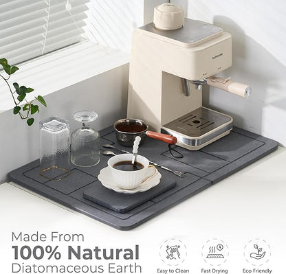 Large Stone Drying Mat for Kitchen Counter, Quick Dry Stone Dishes Mats, Stones Drying Mat for Kitchen Counter, Detachable Water Absorbing Diatomaceous Drying Mat (Dark Gray 24"×16" & 8"x4")