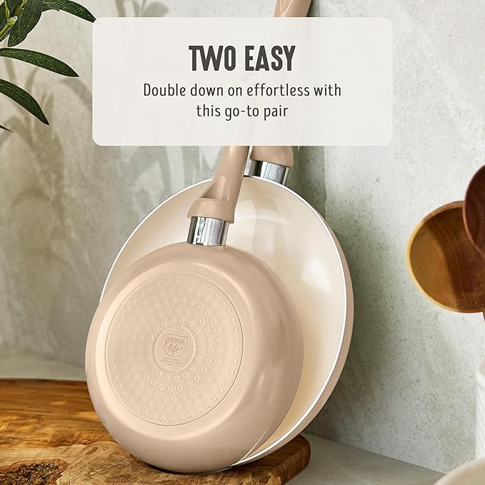 GreenLife 2-Piece Nonstick Frying Pan Set, 8” & 10” Skillets, Non-Toxic Ceramic Cookware, Dishwasher Safe, Stay-Cool Handles, Induction Ready, Fast Heating, Omelet Pan, PFAS Free, Beige Taupe