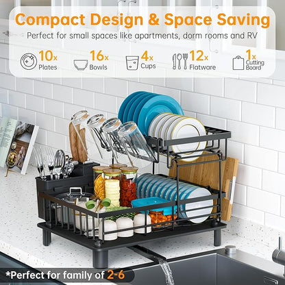 Dish Drying Rack, 2 Tier Dish Racks for Kitchen Counter, Compact Drying Rack Kitchen, Rust-Resistant Dish Drainer, Detachable Space-Saving Dish Rack with Drainboard, Utensil Holder, Black - Image 2