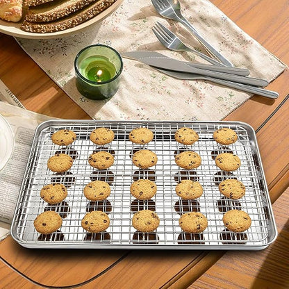 Baking Sheet with Rack Set [2 Pans + 2 Racks], Wildone Stainless Steel Cookie Sheet Baking Pan Tray with Cooling Rack, Size 18 x 13 x 1 Inch, Non Toxic & Heavy Duty & Easy Clean