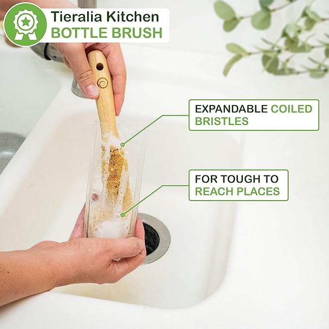 Tieralia Bamboo Dish Brush Gift Set – 5-Piece Kitchen Cleaning Set with Bottle Brush, Round Scrub Brush, Palm Brush & 2 Plant-Based Sponges | Wooden Handle Cleaning Tools for Dishes & Surfaces - Image 2