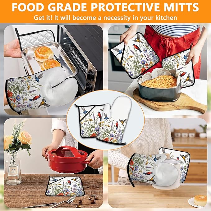 Wildflowers Birds Oven Mitts and Pot Holders Sets 4Pcs,Extra Long Oven Gloves Potholder for Kitchen Cooking Baking BBQ 100% Cotton Heat Resistant - Image 7