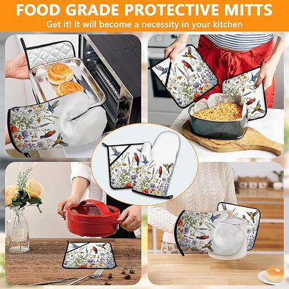 Wildflowers Birds Oven Mitts and Pot Holders Sets 4Pcs,Extra Long Oven Gloves Potholder for Kitchen Cooking Baking BBQ 100% Cotton Heat Resistant - Image 7