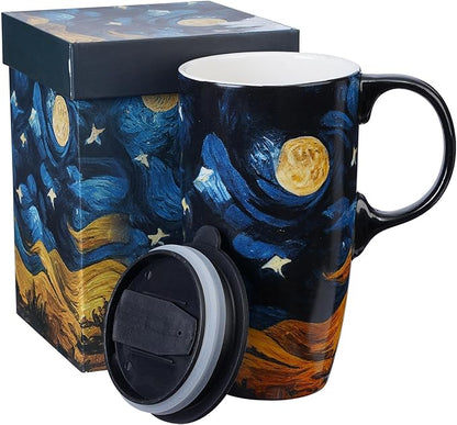 Topadorn Ceramic Coffee Travel Mug with Lid and Handle - 17 Oz Large Ceramic Latte Teacup with Color Box, Splash Resistant Lid - To Go Tumbler for Car Cup Holder, Starry Sky