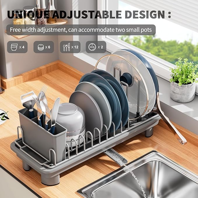 SanDream Small Dish Drying Rack with Removable Utensil Holder & Anti-Scratch Base - Stainless Steel Dish Rack, Dish Drying Rack with Drainage & Space Saving Design for Kitchen Counter, Gray - Image 4