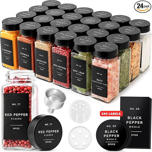 EDELHAUS Glass Spice Jars with Label and Black Lids (24 x 4oz) Spice Containers with 240 Labels, Shaker Inserts, Steel Funnel, Empty Square Empty Square Seasoning Organizer by EDELHAUS