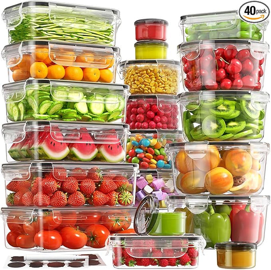 40 PCS Food Storage Containers with Lids Airtight (20 Containers & 20 Lids), 100% Leakproof Meal Prep Container Set for Kitchen Storage, BPA-free, PVC-free Reusable Plastic, Microwave/Dishwasher Safe by Unknown
