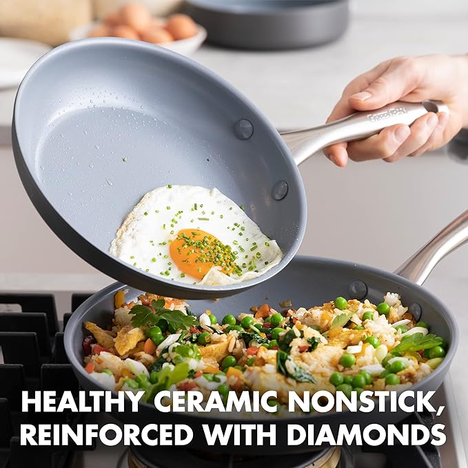GreenPan Lima Hard Anodized 8" 10" & 12" Frying Pan Skillet Set, Ceramic Nonstick, PFAS-Free Nontoxic Pots & Pans, Oven & Broiler Safe, Stainless Steel Handles, Cookware for Eggs & Omelet, Gray - Image 2