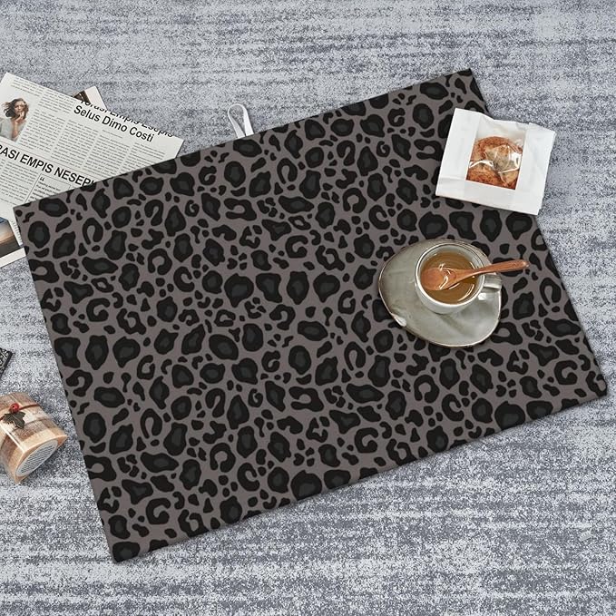 Black Grey Leopard Print Dish Drying Mat Cheetah Wild Animal Dark Skin Drying Rack Pad Countertop Dishes Ultra Absorbent Microfiber Kitchen Counter Mat 18x24 Inch