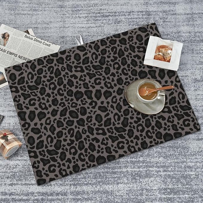 Black Grey Leopard Print Dish Drying Mat Cheetah Wild Animal Dark Skin Drying Rack Pad Countertop Dishes Ultra Absorbent Microfiber Kitchen Counter Mat 18x24 Inch