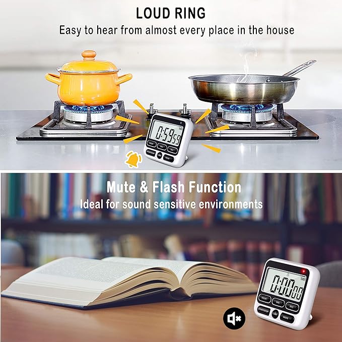 KTKUDY Digital Kitchen Timer with Mute/Loud Alarm Switch ON/Off Switch, 12-Hour Clock & Alarm, Memory Function Count Up & Count Down for Kids Teachers Cooking, Large LCD Display, Strong Magnet (Black) - Image 3