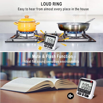 KTKUDY Digital Kitchen Timer with Mute/Loud Alarm Switch ON/Off Switch, 12-Hour Clock & Alarm, Memory Function Count Up & Count Down for Kids Teachers Cooking, Large LCD Display, Strong Magnet (Black) - Image 3