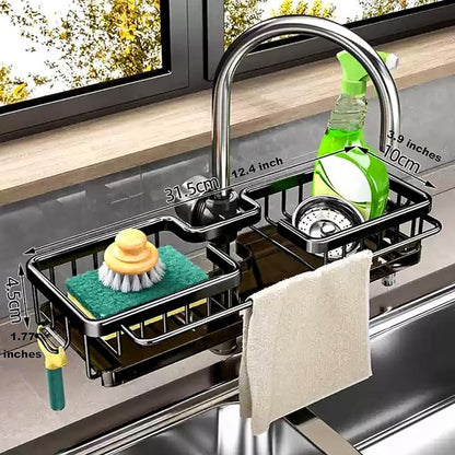 Sink Organizer Rack for Kitchen and Bathroom,Stainless Steel Detachable Hanging Faucet Drain Rack with Drip Tray Faucet Sponge Holder for Bathroom (Black, L&R as One) - Image 7