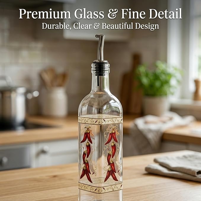 Topadorn 17 oz Olive Oil Dispenser Bottle Set for Kitchen, 2 Pcs Glass Oil Dispenser Bottle with Stainless Steel Pourers, 2 Packs of Napkins, Chili