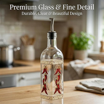 Topadorn 17 oz Olive Oil Dispenser Bottle Set for Kitchen, 2 Pcs Glass Oil Dispenser Bottle with Stainless Steel Pourers, 2 Packs of Napkins, Chili