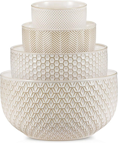 KooK Ceramic Mixing Bowls, Nesting Set of 4, Embossed Kitchen Dishware, Prep, Serving, Gift, Microwave and Dishwasher Safe, 20/44/98/145 oz, Narbonne Collection (Ivory) by Kook