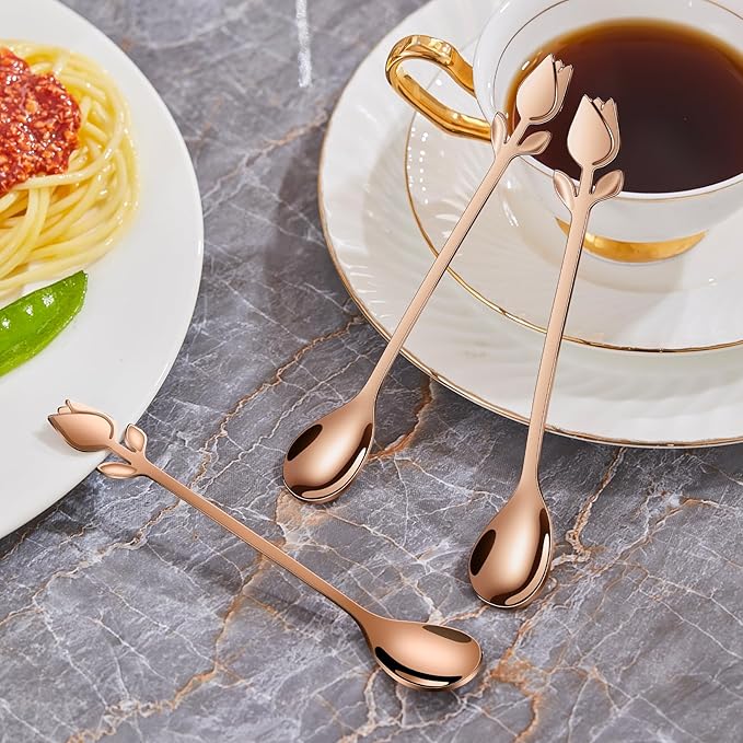 Rose Gold Tulip/Rose Handle 12-Pcs Mini Coffee Spoons Set - 6" Stainless Steel for Espresso, Tea, Dessert - Ideal for Demitasse & Small Servings - Image 3