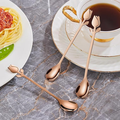 Rose Gold Tulip/Rose Handle 12-Pcs Mini Coffee Spoons Set - 6" Stainless Steel for Espresso, Tea, Dessert - Ideal for Demitasse & Small Servings - Image 3