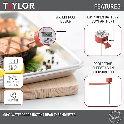 Taylor Waterproof Digital Instant Read Thermometer For Cooking, BBQ, Grilling, Baking, And Meat, Comes With Pocket Sleeve Clip, Red - Image 2