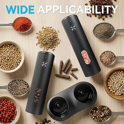 Electric Salt and Pepper Grinder Set with Dual Charging Base, Rechargeable Automatic Pepper Mill, 110ml Large Capacity, Adjustable Coarseness, One-Handed Operation for Kitchen, BBQ, Gift
