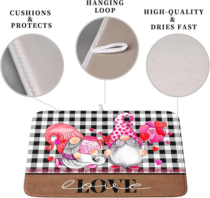Valentine's Day Dish Drying Mats for Kitchen Counter, Gnome Love Kitchen Drying Mat, Buffalo Plaid Dish Drainer Mat Absorbent Quick Dry Dishes Pad 18 x 24 In - Farmhouse Decor Valentines Gift - Image 3