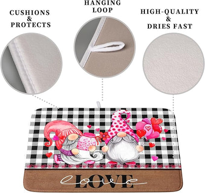 Valentine's Day Dish Drying Mats for Kitchen Counter, Gnome Love Kitchen Drying Mat, Buffalo Plaid Dish Drainer Mat Absorbent Quick Dry Dishes Pad 18 x 24 In - Farmhouse Decor Valentines Gift - Image 3