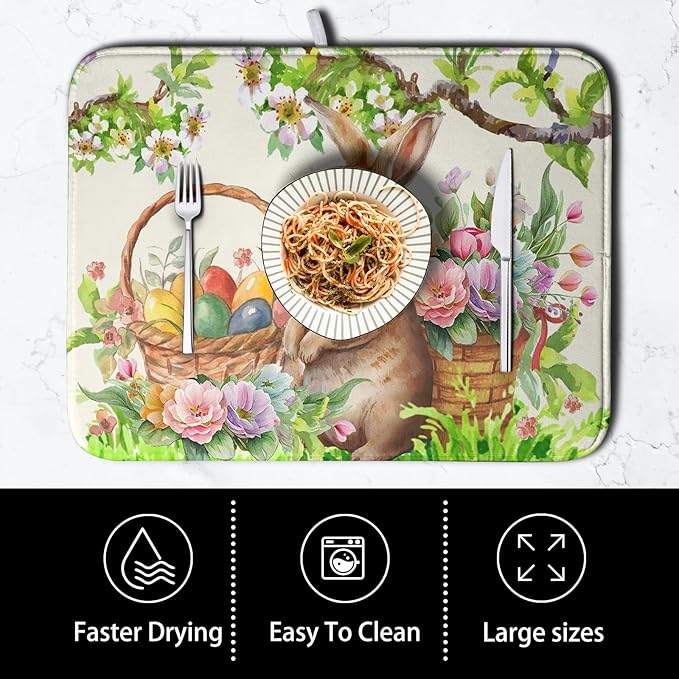 Happy Easter Bunny Kitchen Dish Drying Mat for Dishes 18x24 Inch Spring Colorful Floral Flower Basket Drying Mats Easter Eggs Dish Drainer Mat Super Absorbent Dish Rack Pad for Coffee Bar Sinks - Image 4