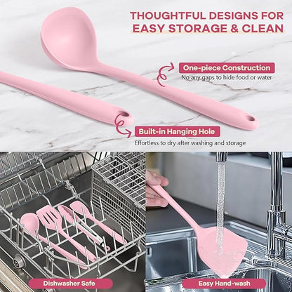 TeamFar Kitchen Cooking Utensils, 10 pcs Silicone Cooking Utensils Set, 446°F Heat Resistant Kitchen Gadgets Tools Set w/Spatula, Turners, Spoons, Soup Ladle, Pasta Server for Nonstick Cookware, Pink - Image 6