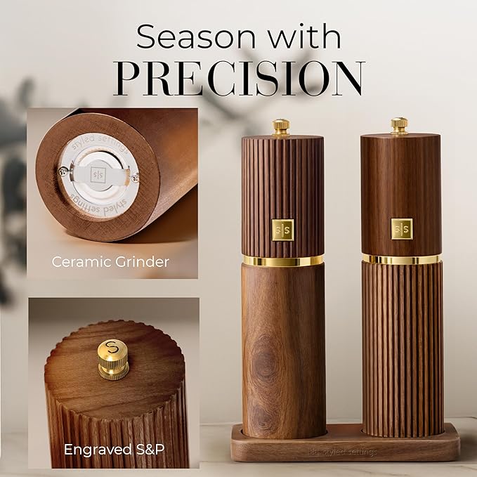 Wooden Salt and Pepper Grinder Set – Refillable Manual Salt and Pepper Mills with Adjustable Ceramic Burrs, Gold Detailing, and Wood Stand – Dark Wood - Image 4