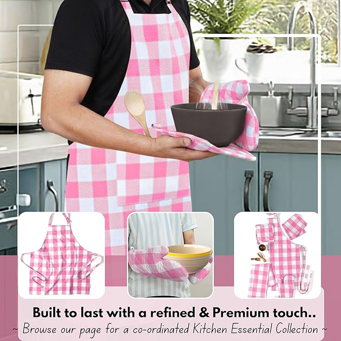 Native Fab Buffalo Plaid Check Oven Mitts and Pot Holders Set of 4, 100% Cotton Heat Resistant Kitchen Gloves, 2 Oven Mitts (7x13), 2 Pot Holders (8x8) for Cooking & Baking, Pink White - Image 5