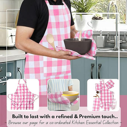 Native Fab Buffalo Plaid Check Oven Mitts and Pot Holders Set of 4, 100% Cotton Heat Resistant Kitchen Gloves, 2 Oven Mitts (7x13), 2 Pot Holders (8x8) for Cooking & Baking, Pink White - Image 5