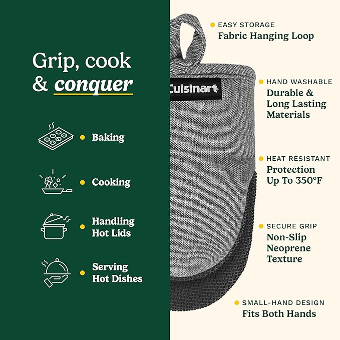 Cuisinart Mini Oven Mitts – 5.5” x 7” Heat-Resistant Kitchen Mitts for Oven with Non-Slip Neoprene Palm, Cotton Filling, and Fabric Loop – Durable Oven Mitt Set for Cooking & Baking (Chambray) - Image 5