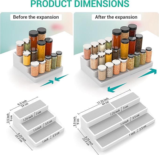 YAN & HIN Expandable Spice Rack Organizer for Cabinet (2 Pack), 3-Tier Tiered Spice Shelf Organizer with Non-Skid Surface, Spice Riser, Adjustable Pantry Organizer for Spices, Cans & Medicine Cabinet - Image 3