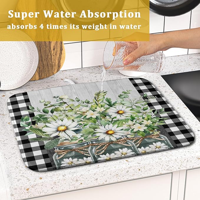 Spring Summer White Daisy Flowers Dish Drying Mat for Kitchen Counter Daisy Spring Flowers Dish Drying Mat 16x18 Inch Absorbent Reversible Microfiber Protector Drainer Mat Dishes Pad for Countertops