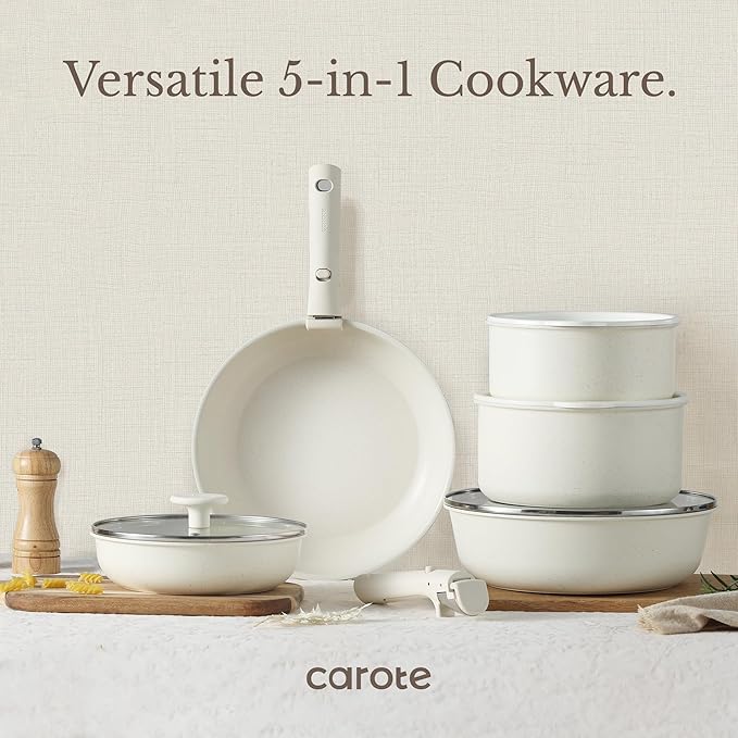 CAROTE 19pcs Pots and Pans Set, Nonstick Cookware Set Detachable Handle, Induction Kitchen Cookware Sets Non Stick with Removable Handle, RV Cookware Set, Oven Safe - Image 7