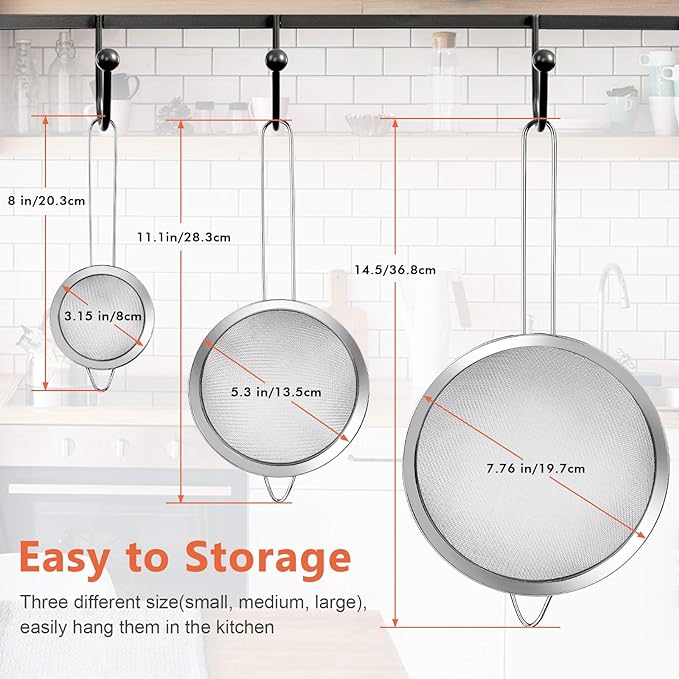 3Pcs Super Wire Extra Fine Mesh Strainer with Handle, Small Medium Large Size Sifter Metal Strainer Set, Stainless Steel Sieve Fine Mesh Strainers for Kitchen Rice Juice Quinoa Food Flour Baking YLYL - Image 2